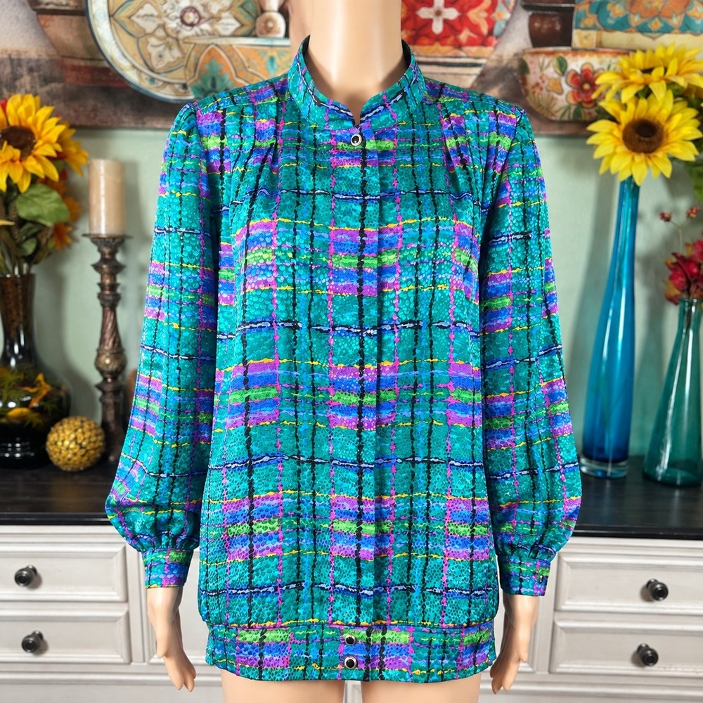 Vintage Don Elliot Retro Maximalist Blouse Jewel Tone Abstract Plaid Long Sleeve